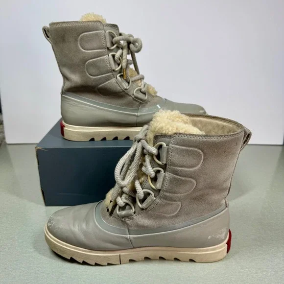 Sorel Waterproof Winter Boots Faux Fur Trim Lace Up Gray NL3926-081 Women's Sz 8 - Picture 2 of 11